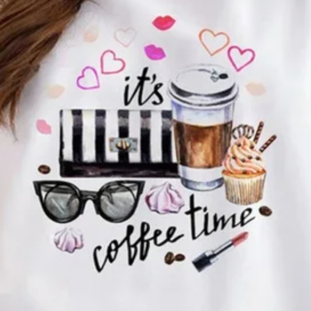Coffee Time Tee Shirt Summer Bohemian Graphic Top Preppy Coffee Sunglasses - Picture 2 of 3